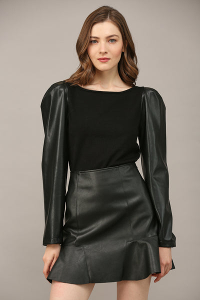 FATE BLACK FAUX LEATHER PUFF SLEEVE SWEATER TOP