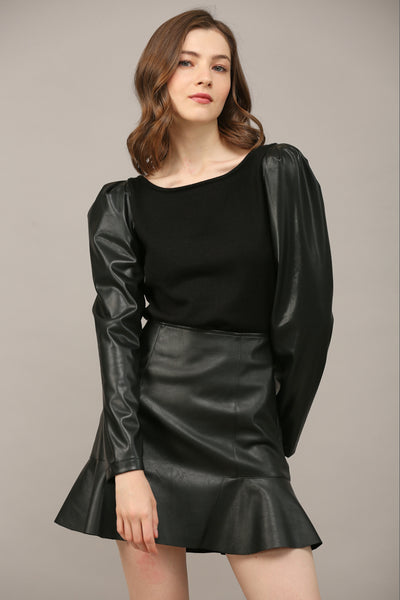 FATE BLACK FAUX LEATHER PUFF SLEEVE SWEATER TOP