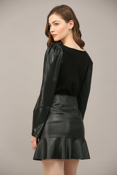 FATE BLACK FAUX LEATHER PUFF SLEEVE SWEATER TOP