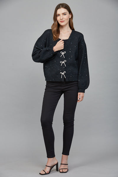 FATE HEATHER BLACK RHINESTONE BOW CARDIGAN