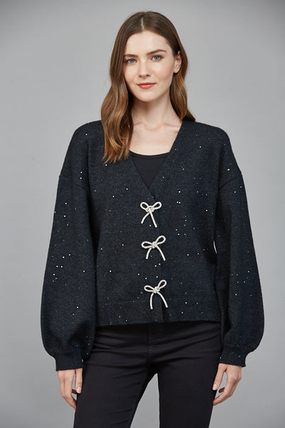 FATE HEATHER BLACK RHINESTONE BOW CARDIGAN