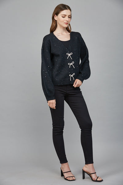 FATE HEATHER BLACK RHINESTONE BOW CARDIGAN