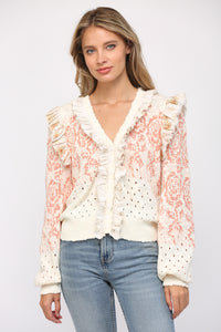 FATE RUFFLE TRIMMED BUTTON CARDIGAN IVORY CORAL