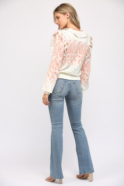 FATE RUFFLE TRIMMED BUTTON CARDIGAN IVORY CORAL