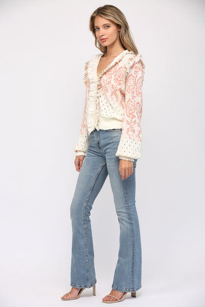 FATE RUFFLE TRIMMED BUTTON CARDIGAN IVORY CORAL