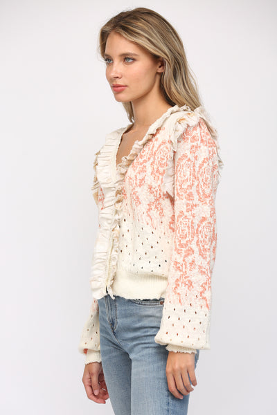 FATE RUFFLE TRIMMED BUTTON CARDIGAN IVORY CORAL