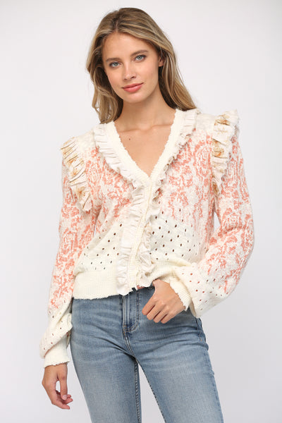 FATE RUFFLE TRIMMED BUTTON CARDIGAN IVORY CORAL