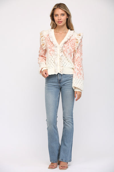 FATE RUFFLE TRIMMED BUTTON CARDIGAN IVORY CORAL