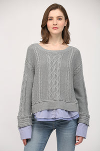 FATE HEATHER GREY ILLUSION CABLE KNIT SWEATER