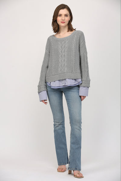 FATE HEATHER GREY ILLUSION CABLE KNIT SWEATER