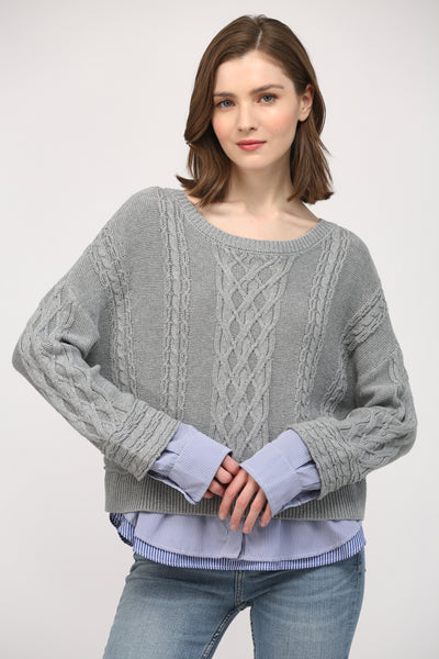 FATE HEATHER GREY ILLUSION CABLE KNIT SWEATER