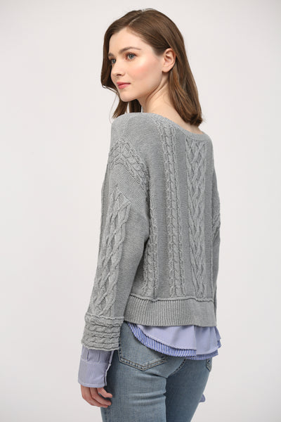 FATE HEATHER GREY ILLUSION CABLE KNIT SWEATER