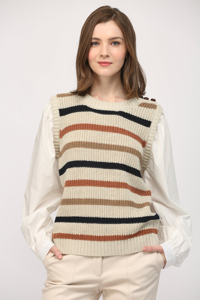 FATE TAUPE STRIPED VEST CONTRAST WHITE SLEEVES