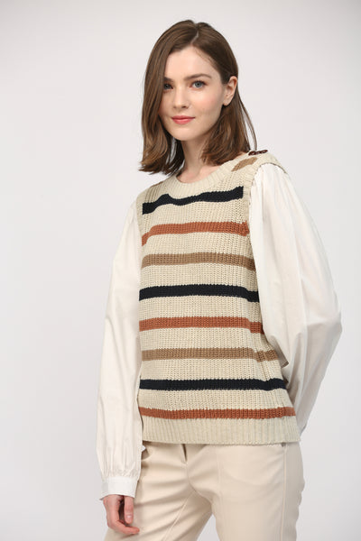 FATE TAUPE STRIPED VEST CONTRAST WHITE SLEEVES