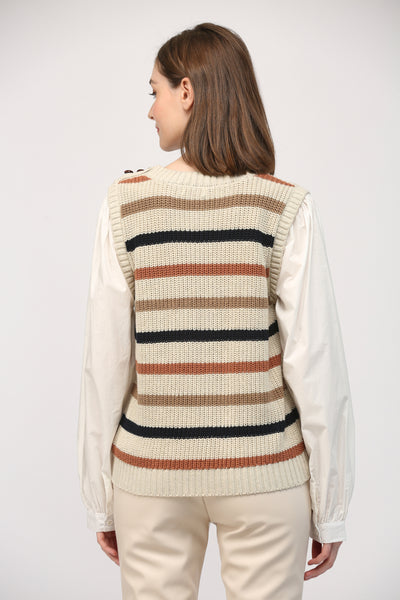 FATE TAUPE STRIPED VEST CONTRAST WHITE SLEEVES