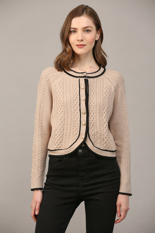 FATE TAUPE BLACK CONTRAST HEM CABLE KNIT CARDIGAN