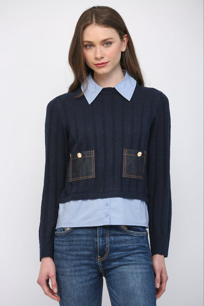 DENIM PATCH POCKET TWOFER SWEATER