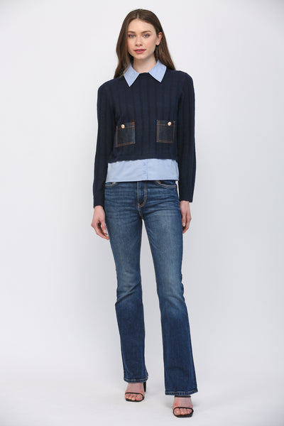 DENIM PATCH POCKET TWOFER SWEATER