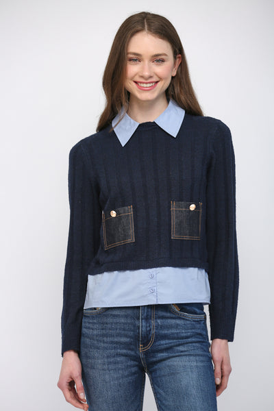 DENIM PATCH POCKET TWOFER SWEATER