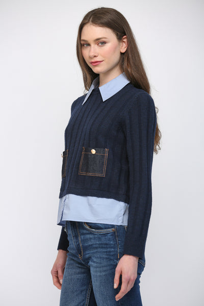 DENIM PATCH POCKET TWOFER SWEATER