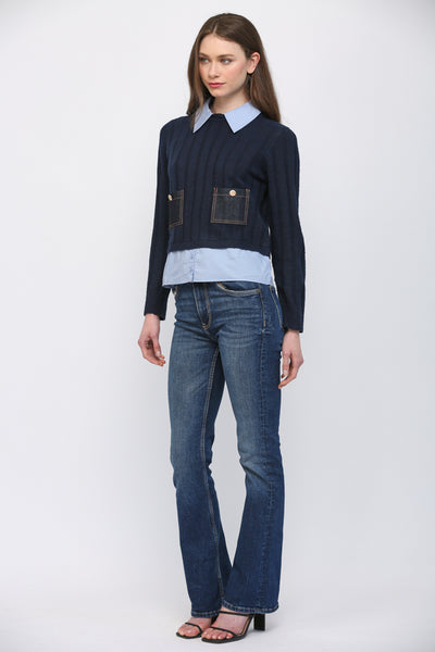 DENIM PATCH POCKET TWOFER SWEATER