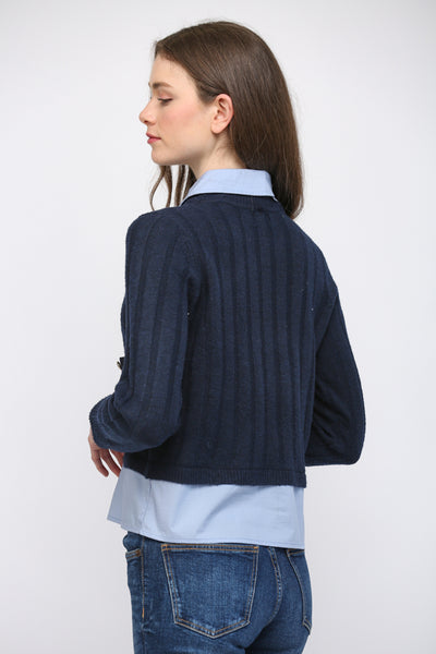 DENIM PATCH POCKET TWOFER SWEATER