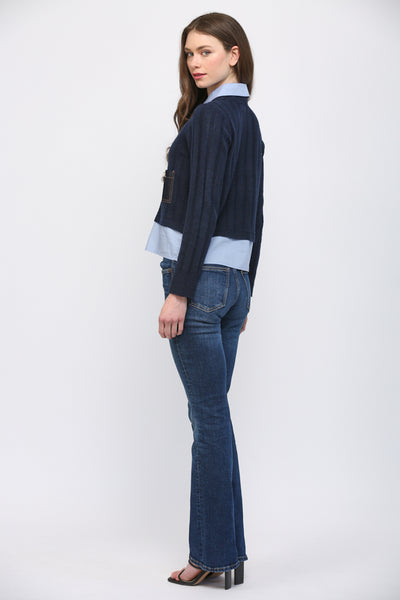DENIM PATCH POCKET TWOFER SWEATER