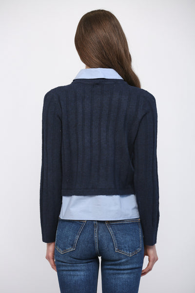 DENIM PATCH POCKET TWOFER SWEATER