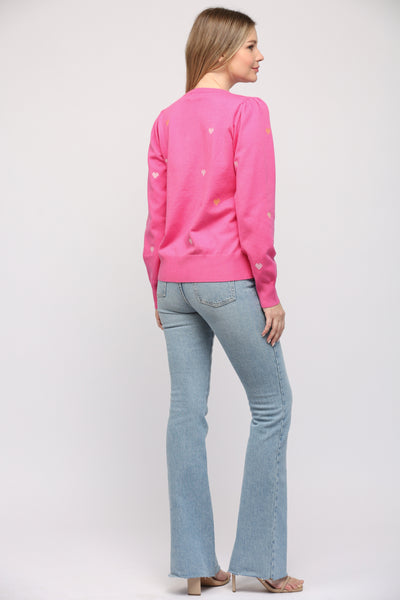 FATE BUBBLEGUM PINK EMBROIDERED HEART SWEATER