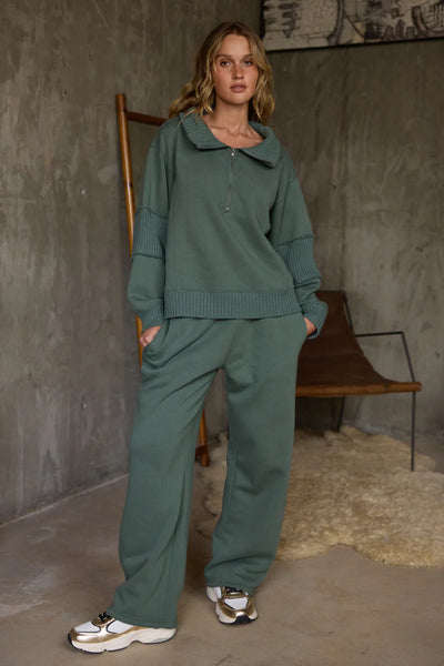 VINTAGE HAVANA OLIVE FLEECE PANT WITH RIB WAISTBAND