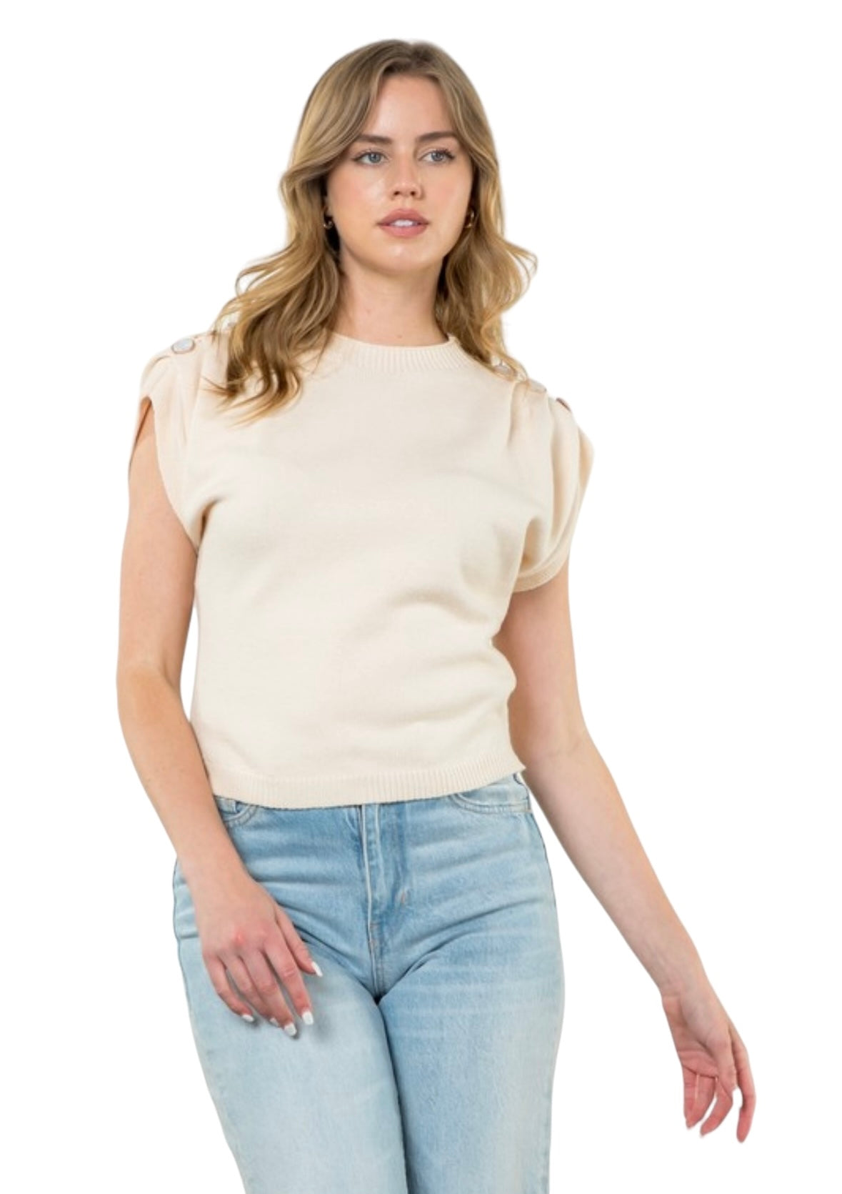 THML CREAM SHORT SLEEVE KNIT TOP PEARLIZED BUTTONS