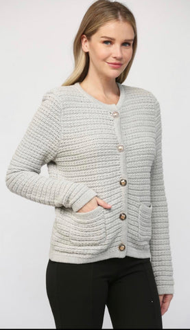 FATE HEATHER GREY TEXTURED TWEED CARDIGAN GOLD BUTTONS FINAL SALE