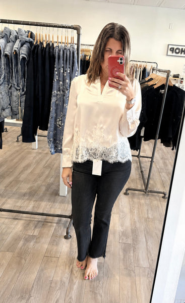 CURRENT AIR AYLA ECRU LACE HEM SATIN BLOUSE