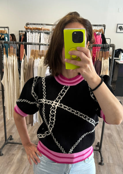 THML BLACK PINK SHORT SLEEVE CHAIN KNIT TOP