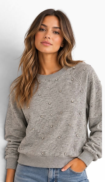 BOBI HEATHER GREY CRYSTAL JEWELED RAGLAN SWEATSHIRT