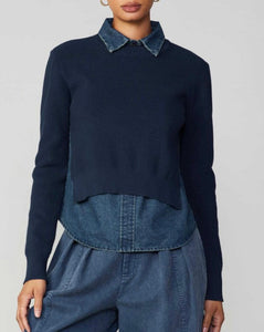 CURRENT AIR NAVY COMBO SLEEVE DENIM SWEATER WITH COLLAR FINAL SALE