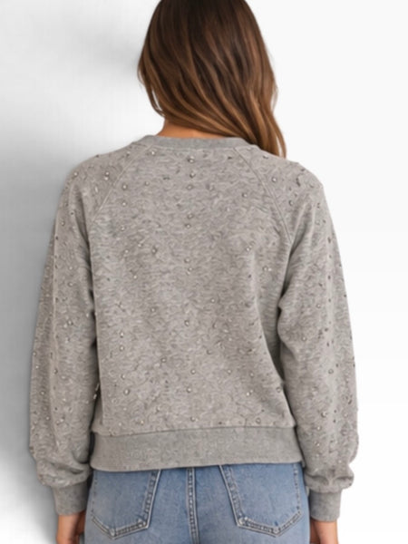 BOBI HEATHER GREY CRYSTAL JEWELED RAGLAN SWEATSHIRT