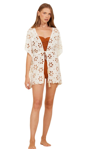 IVORY WITH TAN FLORAL EYELET COVERUP