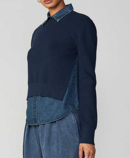 CURRENT AIR NAVY COMBO SLEEVE DENIM SWEATER WITH COLLAR FINAL SALE