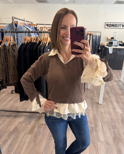 BROWN CHAMPAGNE SATIN LACE CONTRAST SWEATER