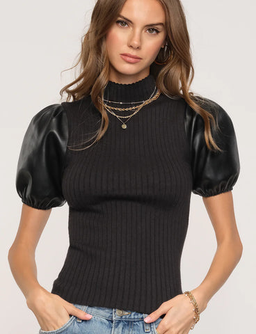 HEARTLOOM DANY TOP FAUX LEATHER PUFF SLEEVE KNIT BODY MOCK NECK