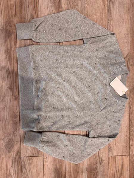 BOBI HEATHER GREY CRYSTAL JEWELED RAGLAN SWEATSHIRT