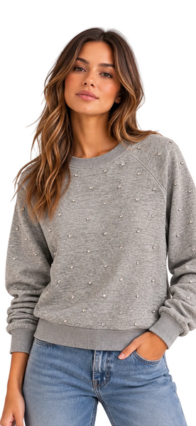 BOBI HEATHER GREY CRYSTAL JEWELED RAGLAN SWEATSHIRT
