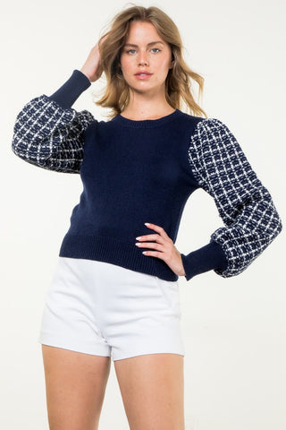 THML NAVY KNIT WITH CONTRAST TWEED SLEEVES