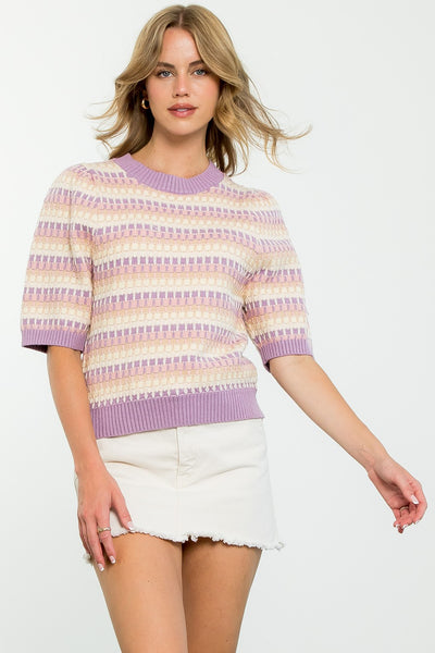 THML LILAC CREAM TAN SHORT SLEEVE KNIT SWEATER TOP