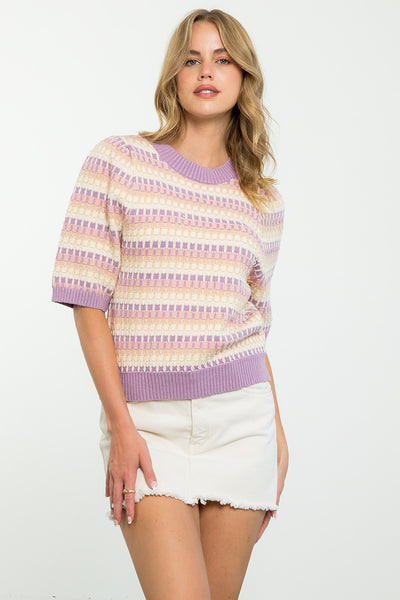 THML LILAC CREAM TAN SHORT SLEEVE KNIT SWEATER TOP