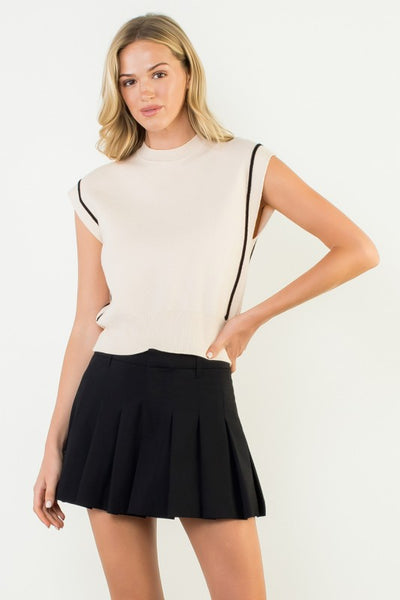 THML CREAM SLEEVELESS DROP SHOULDER TOP BLACK PIPING