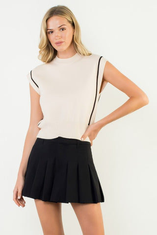 THML CREAM SLEEVELESS DROP SHOULDER TOP BLACK PIPING