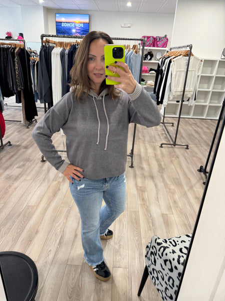 T&S HOODED SWEATER W CONTRAST TRIM CHARCOAL GREY