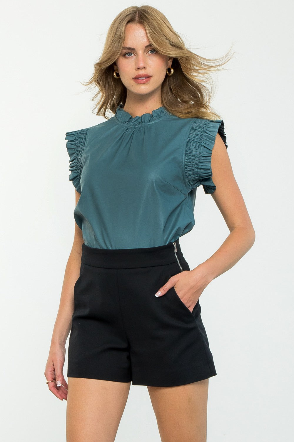 THML RUFFLE SLEEVE FAUX LEATHER TOP BLUE GREEN FINAL SALE